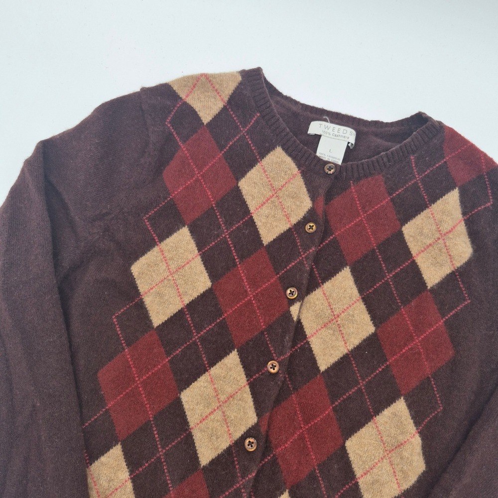 TWEEDS 100% Cashmere Argyle Cardigan Sweater Brown Burgundy Tan Large